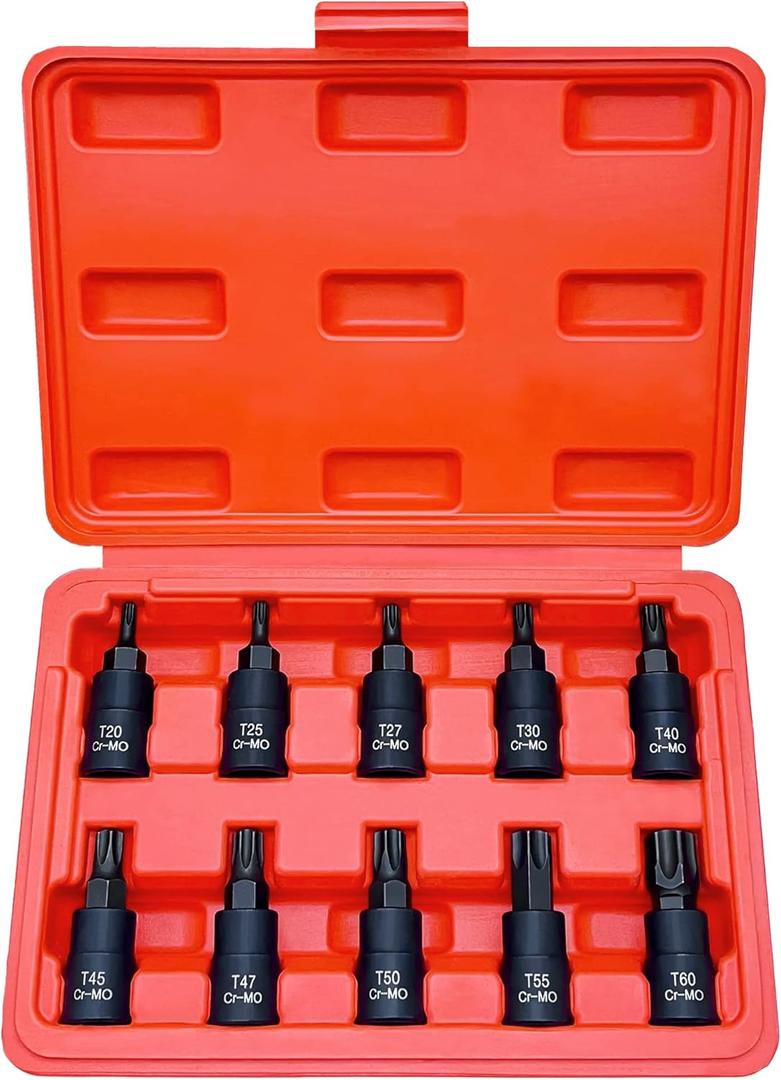 Torx Bit Socket Set, Premium Cr-Mo Steel | 10-Piece Star T20 - T60 Set | 3/8-Inch Drive | Enhanced Storage Case