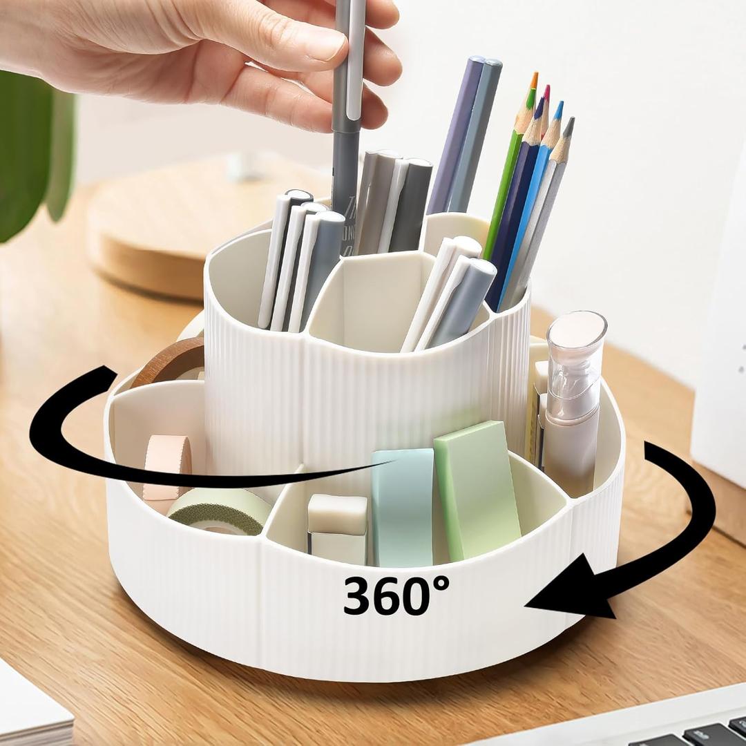 Rotating Desk Organizer, 360 Rotating Pencil Pen Holder for Desk, Desk Organizers and Accessories with 11 Slots Pencil Organizer, Art Supply Storage Box Caddy for Office (Beige)