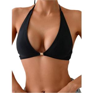 SOLY HUX Women's Halter Bikini Top Tie Back Bathing Suit Summer Beach Swimsuit Tops (Black, L)