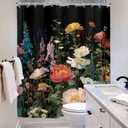 Riyidecor Black Floral Dark Wildflower Shower Curtain for Bathroom Decor 60Wx72H Boho Vintage Flower Blossom Leaves Plants Botanical Women Art Printed Fabric Polyester Waterproof 12 Pack Plastic Hooks
