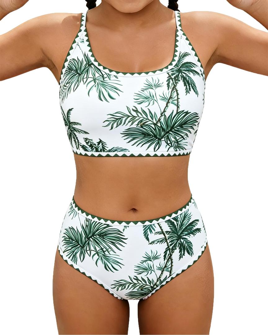 XUNYU Teen Girls Swimsuit 2 Piece Bathing Suit Tummy Control Girls' Swimwear High Waisted Bikini Sets Cute Floral Swim Suits