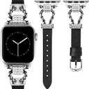 W-RARA Meridian Leather Band Compatible with Apple Watch Bands Women 38/40/41/42/44/45/46/49mm Dressy Elegant Slim Leather Strap with Designer Buckle for iWatch Series 10/9/8/7/6/5/4/3/2/1/SE/Ultra 2 (Black/Silver)