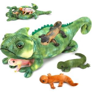 5Pcs Giant Lizard Plush, 27" Mother Iguana Stuffed Animal with 4 Baby Lizard Plushies, Bearded Dragon Plush Toy for Kids Boys Girls, Stuffed Chameleon for Christmas Birthday Gift