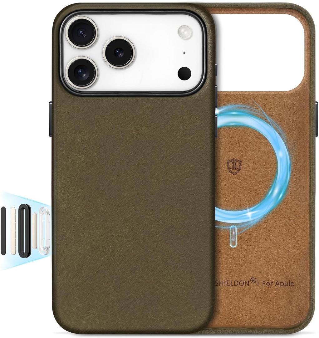 SHIELDON Top Grain Crazy Horse Leather Case for iPhone 17 Pro Max 6.9" 2025, [Camera Button Updated], Compatible with Magsafe, Magnetic Wireless Charging, Metal Button, Slim Protective Cover - Khaki