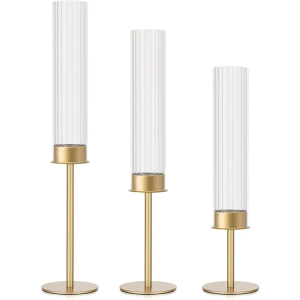 Gold Candle Holders Set of 3 Decorative Taper Candlestick Holders with Windproof Glass for Wedding Reception, Home Decor, and Holiday Centerpieces Elegant Heights of 14'', 16.5'', 18.8''