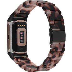 Resin Band Compatible with Fitbit Charge 6/ Fitbit Charge 5, Waterproof & Lightweight Bracelet Wristband Replacement with Stainless Steel Buckle, Fashion Strap for Fitness Tracker Women (Tortoise Stone Flower)