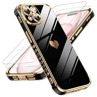 LeYi for iPhone 15 Case: with Tempered Glass Screen Protector [2 Pcs]+ Full Camera Lens Protection,Love Heart Plating Women Cute Luxury Soft TPU Shockproof Case for iPhone 15 Black