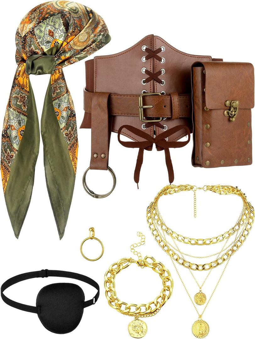9 Pcs Pirate Costume Accessories Women Pirate Bandanas Head Scarf Renaissance Corset Belt Pouch Eye Patch Jewelry (M:Fit Waist Size 30-36inch, A-brown Green)