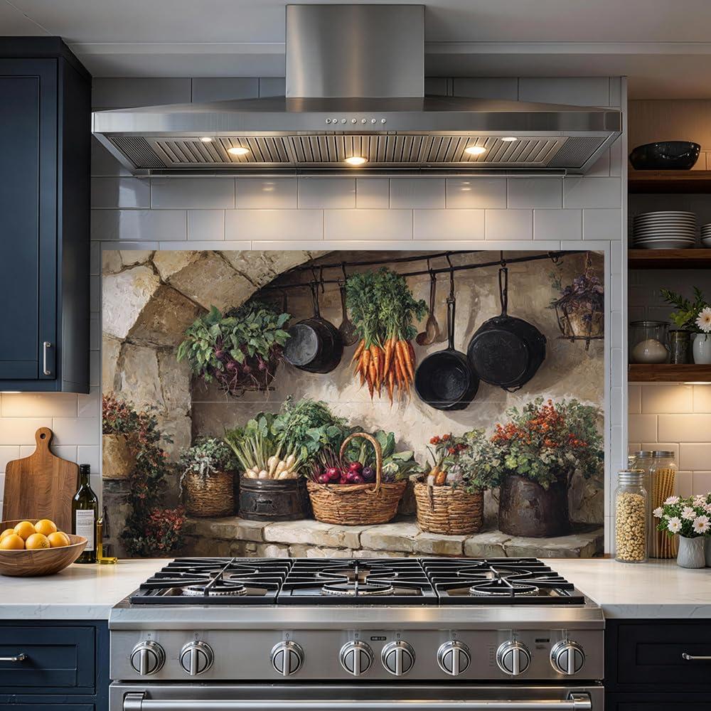 Rustic Kitchen Wall Decor 35.423.6 Inch Farmhouse Vegetables with Hanging Cookware Scene PVC Print Country Pantry Art for Dining Room Caf or Home Interior Decoration