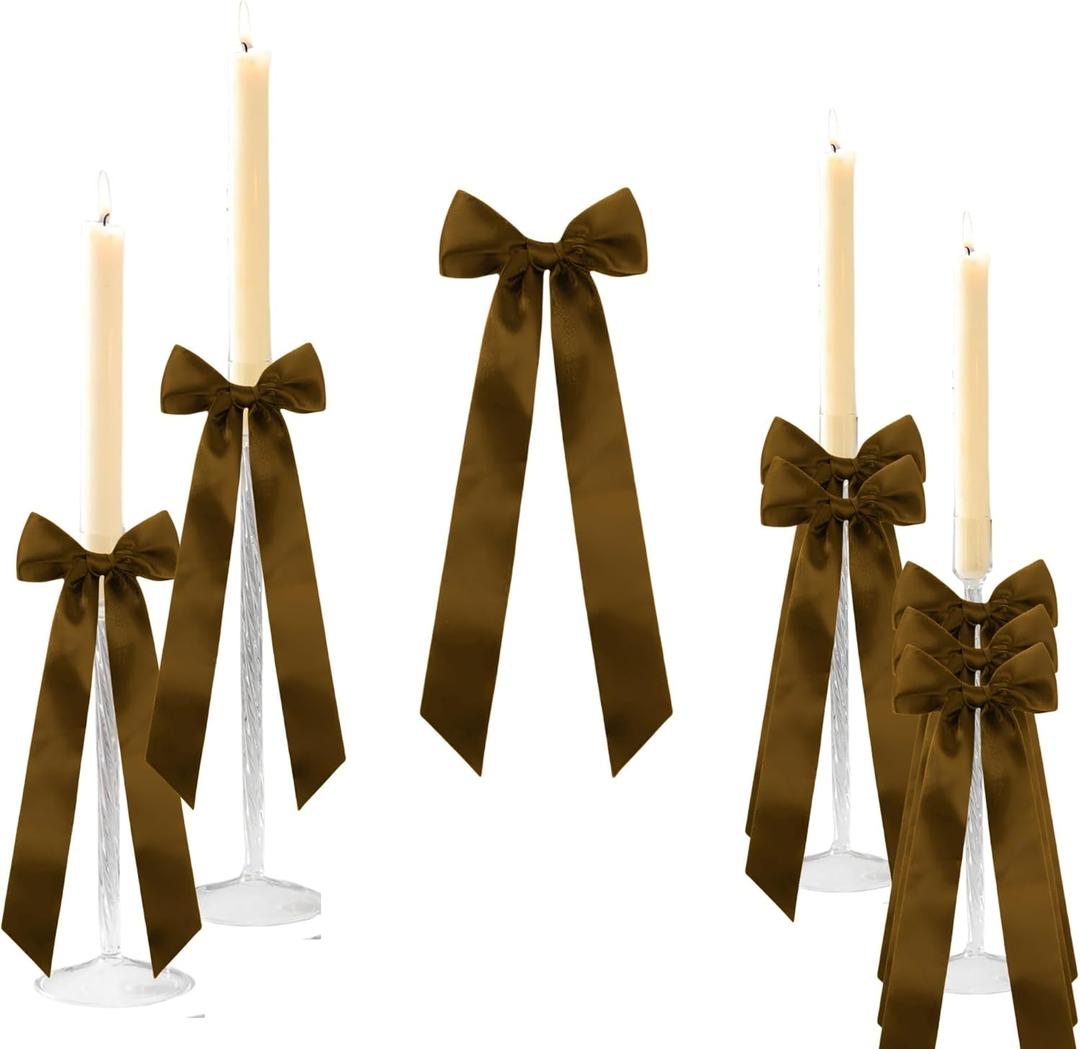 12 Pcs Brown Candlestick Decoration Bows Candle Holder with 5X13.5 Inch Decorative Satin BowsFor Bridal Showers, Birthdays Centerpieces Table Decor(Brown)