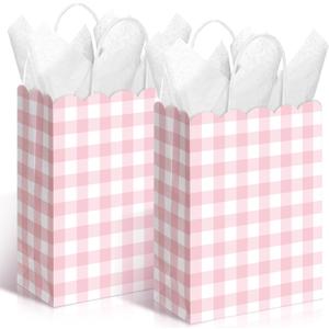 Kolldenn 24 Pcs Gingham Party Supplies Pink and White Gift Bags 8.27 x 6.3 x 3.15 Inch Kraft Paper Checkered Plaid Candy Goodie Party Favors Bags for Easter Picnic BBQ Birthday Baby Shower Wedding