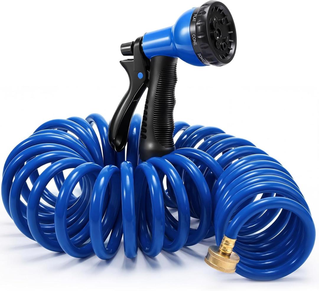 Therwen 25 ft Heavy Duty EVA Recoil Garden Hose Curly Water Hose with 8 Pattern Spray Nozzle and Brass Connectors for Garden Watering Cars Washing(Blue)