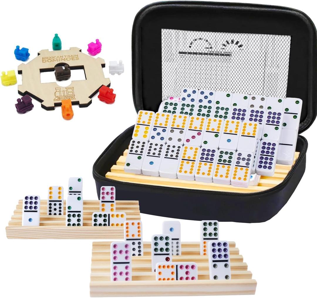 Mexican Train Dominoes Set with Numbers and 4 Wooden Trays/Racks, Double 12 Dominos Travel Set with 4 Tiles Holders, 91 Tiles Double 12 (Mexican Train Dominoes Set with 4 Racks)