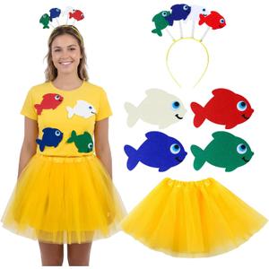 6 Pcs Fish Costume Set for Teacher Book Character Costumes Goldfish Marine Life Headband Tutu and 4 Fish Clothing Felt Patches for Reading Story Cosplay Party Supplies Women Men, One Size