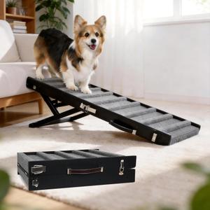 Dog Ramp for Small & Medium Dogs Foldable Pet Ramp for Bed (Black) | 5 Adjustable Heights 13.98"-27.56'', No Assembly, Non-Slip Carpet, Portable Handle, Natural Wood Frame, Senior Dog Friendly