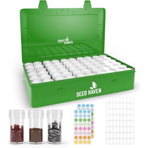 Seed Organizer Storage Box, Black Opaque Light Proof Seed Bank with 60 Transparent Bottles & Labels, Seed Holder Packet Organizer, Seed Vault Container for Homesteaders, Garden Tackle and Bead Sorter (GREEN with LOGO)