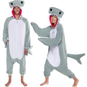 Funziez! Sea Creatures Onesie Lobster, Clown Fish, Hammerhead Shark, Octopus, Squid - Plush Adult Animal Costume Jumpsuit (Small, Grey)