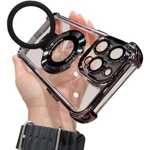 Piegricdiat Magnetic case for iPhone 14 Plus with Full Camera Lens Protection(Compatible with MagSafe),Military Shockproof Slim Electroplate Bumper Clear Cover Built-in Invisible Ring Stand, Black