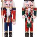 2 Pack Christmas Nutcracker King and Soldier Figures, 12 Inch Wooden Nutcracker Christmas Festival Decor for Shelves and Tables