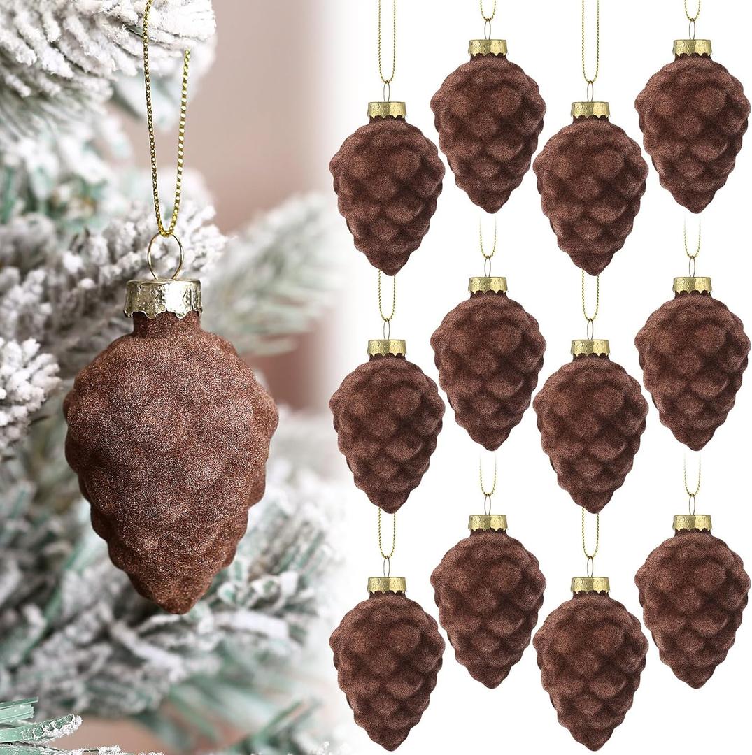 Sosation 12 Pcs Christmas Pinecone Glass Ornaments Christmas Velvet Vintage Hanging Pine Cone Glass Ornaments for Xmas Tree Fall Thanksgiving Day Decoration(Brown)