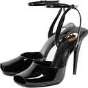 Arqa Women Black Stiletto Peep Toe Sandals Featuring Adjustable Ankle Strap Covered Square Open Toe Pumps Office Party Dressy Leather Shoes Wedding Dressy High Heels Size 8.5