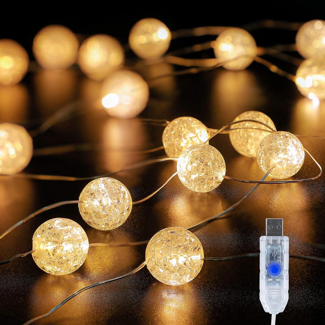 Globe String Lights,10FT 30 LED Decorative Christmas Lights,8 Modes Crystal Crackle Ball Lights,USB Twinkle Fairy Lights for Bedroom,Indoor,Outdoor,Classroom,Wedding,Party,Garden,Warm White