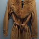 Bellivera Women Faux Leather Trench Coat Fleece-Lined Mid-length Jacket with Detachable Fur Collar (Large, Brown)