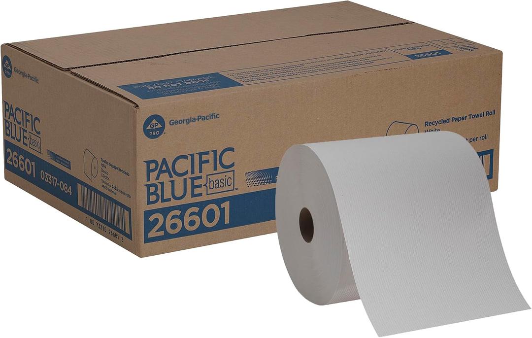 Pacific Blue Basic Recycled Paper Towel Rolls by GP PRO (Georgia-Pacific), White, 26601, 800 Feet Per Roll, 6 Rolls Per Case, 6 Count