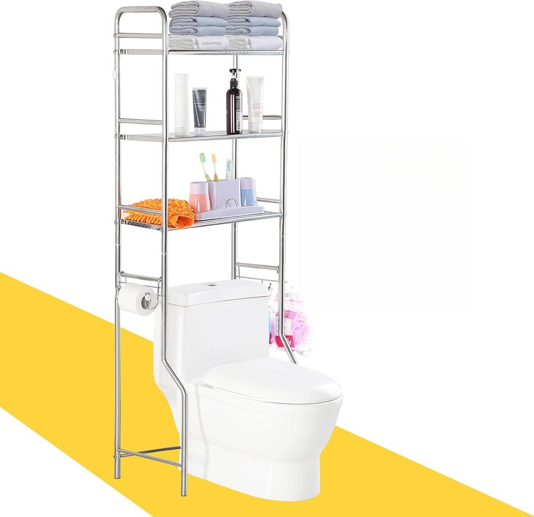 Susunnus Over The Toilet Storage 3 Tier S,Bathroom Shelves Over Toilet,Freestanding Space Saver with Toilet Paper Holder,Stainless Steel,Pragmatic, Sturdy,Waterproof,Silver, M-size