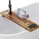 Bathtub Tray, Acacia Bath Tray for Tub, 34.6''x9'' Wooden Bathtub Caddy Tray with Adjustable Legs Fit Various Bathtubs, Anti-Tipping, Sustainable Bath Table with Drink Cooler Glass and Tablet Holder