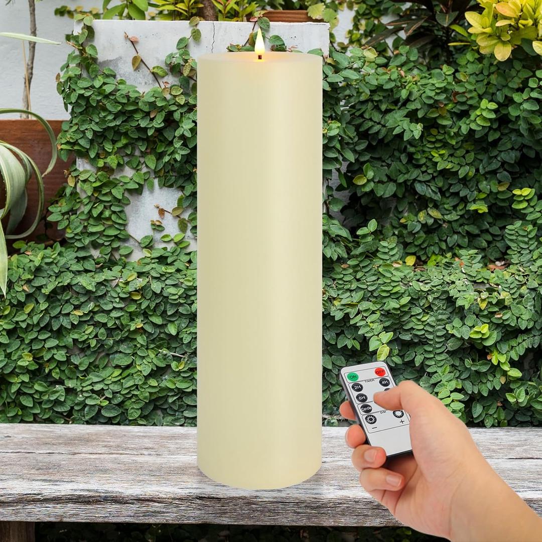 14" x 4" Large Outdoor Candles with Timer Waterproof, Remote Control Flickering Flameless Candles Battery Operated, Tall Fake LED Pillar Candle for Patio Porch Lantern, Ivory, 1 Pack