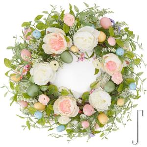 Easter Egg Wreath for Front Door 22 inch, Easter Spring Door Wreath with Hook, Artificial Spring Flower Peony Egg for Front Door Outside Windows Wall Home Easter Dcor