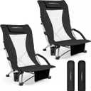 2 Pack Low Beach Chairs for Adults with High Back, Support 400LBS | Portable Beach Chair with 3-Position Adjustable Upper Backrest, Neck Support & Cup Holder for Beach, Caming, Black
