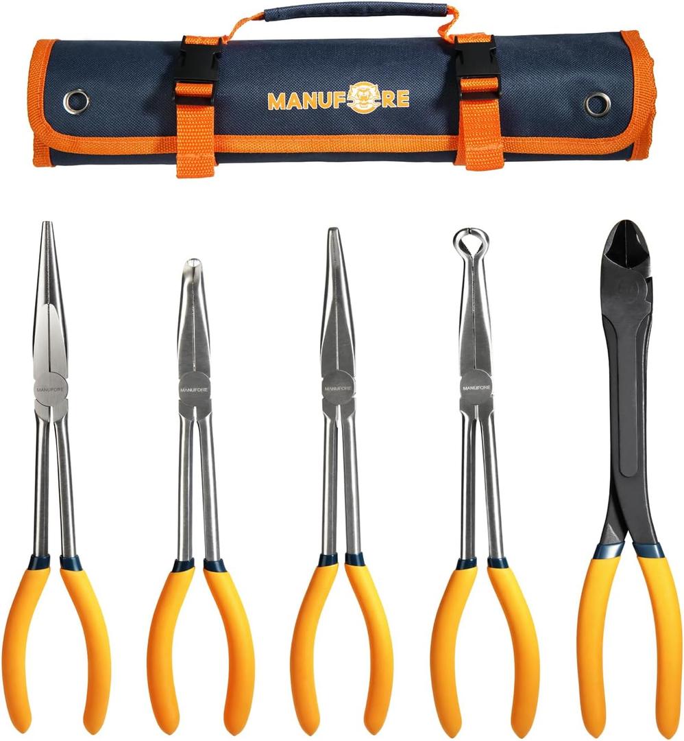 MANUFORE 5-Piece 11-Inch Long Nose Pliers Set- Straight, 45 and 90 Bent, Circle Nose and Diagonal Pliers-Premium Carbon Steel & CR-V, Long Reach for Electronics, Automotive and DIY