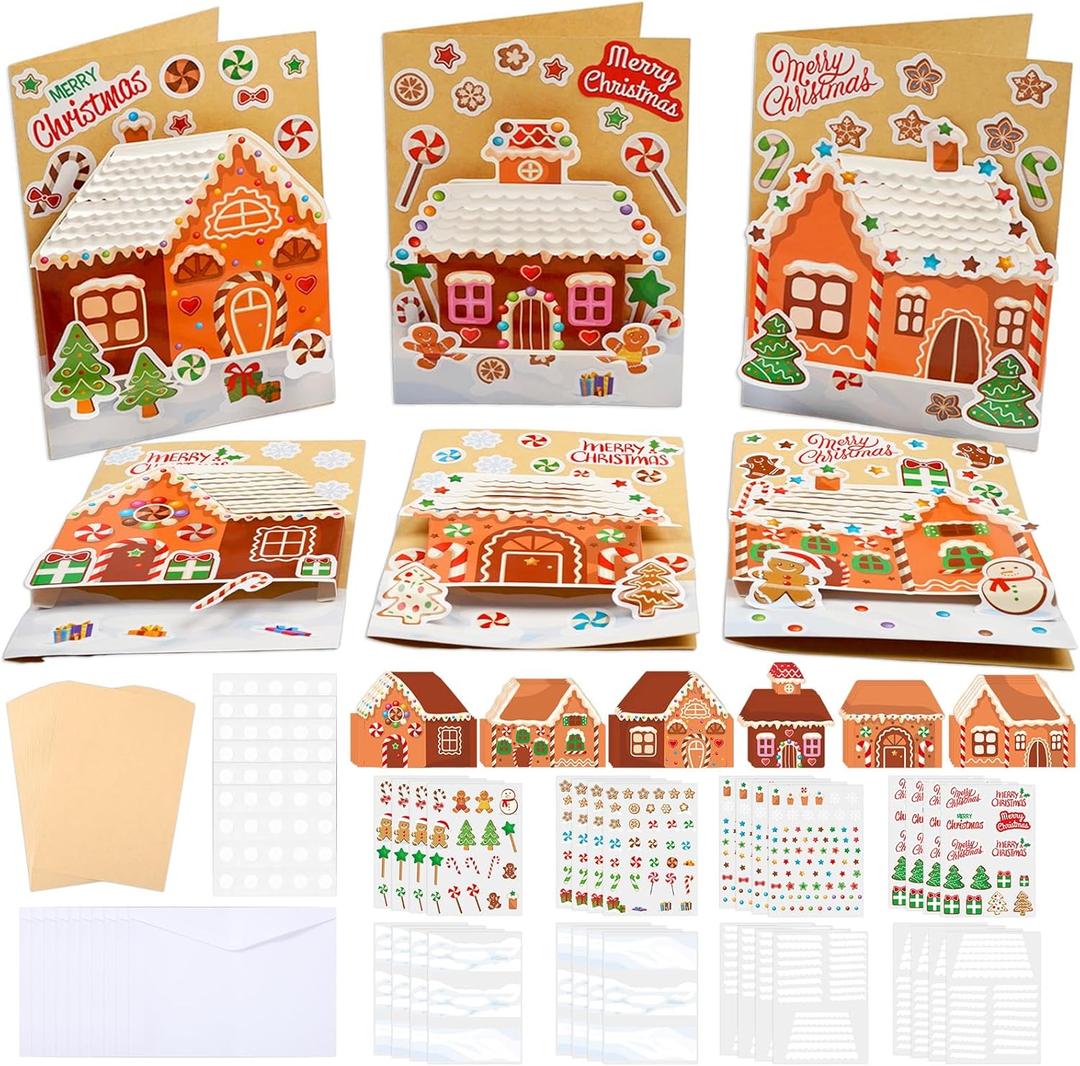 24 Sets Christmas Gingerbread Craft Kit for Kids 3D Gingerbread House Card Making Your Own Festive Winter Greeting Cards Xmas DIY Card Crafts for Holiday Home Classroom School Art Crafts Supplies
