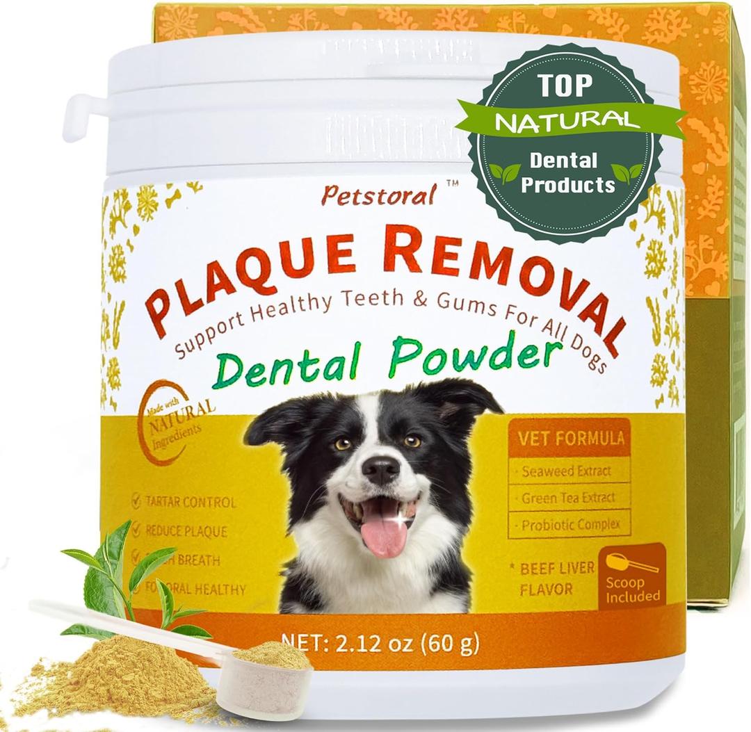 Natural Dog Dental & Supplement Powder, Plaque & Tartar Control with Glucosamine, Omega-3, Probiotics & Vitamin E for Joint, Beef Liver Flavour, Digestion & Fresh Breath (2.12 Ounce (Pack of 1))