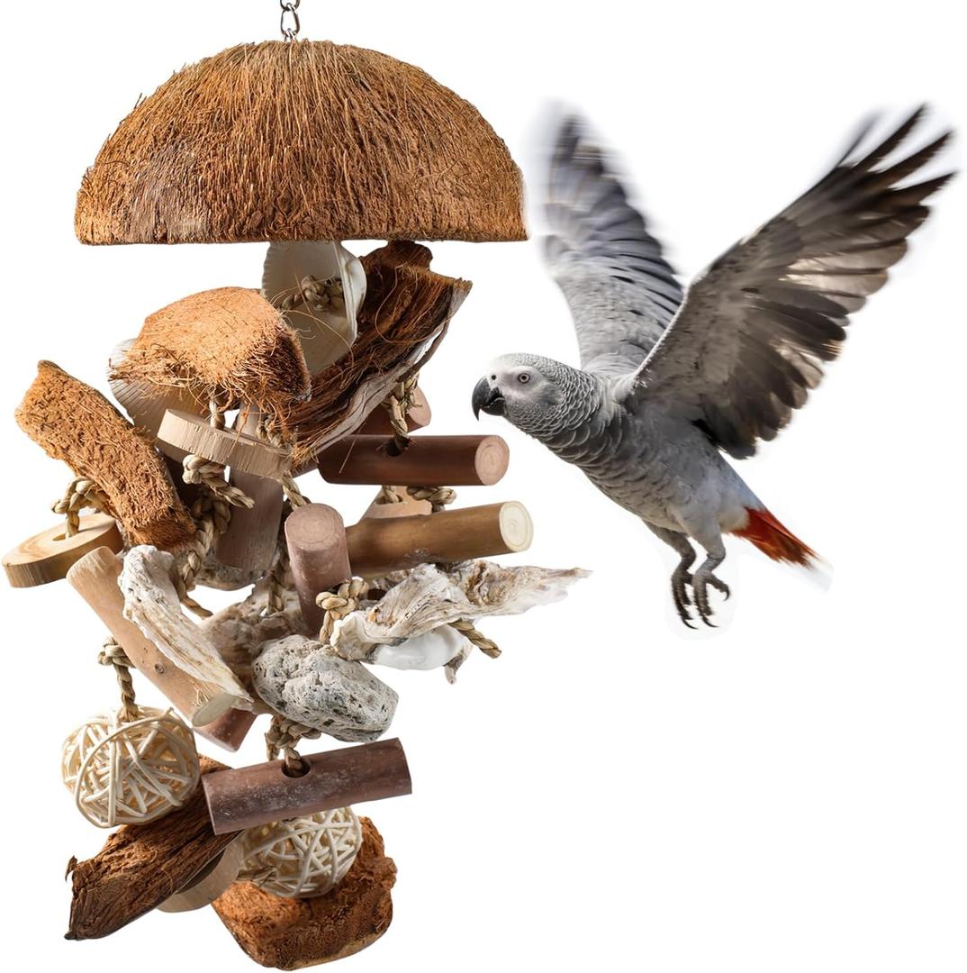 Natural Bird Toys for Parrots 18in Handmade Shredding & Foraging Toy with Coconut Shells, Wood Blocks & Lava Stones Parrot Toys for Sun Conures, Conures, Caiques, Cockatiels, Quaker Parrots