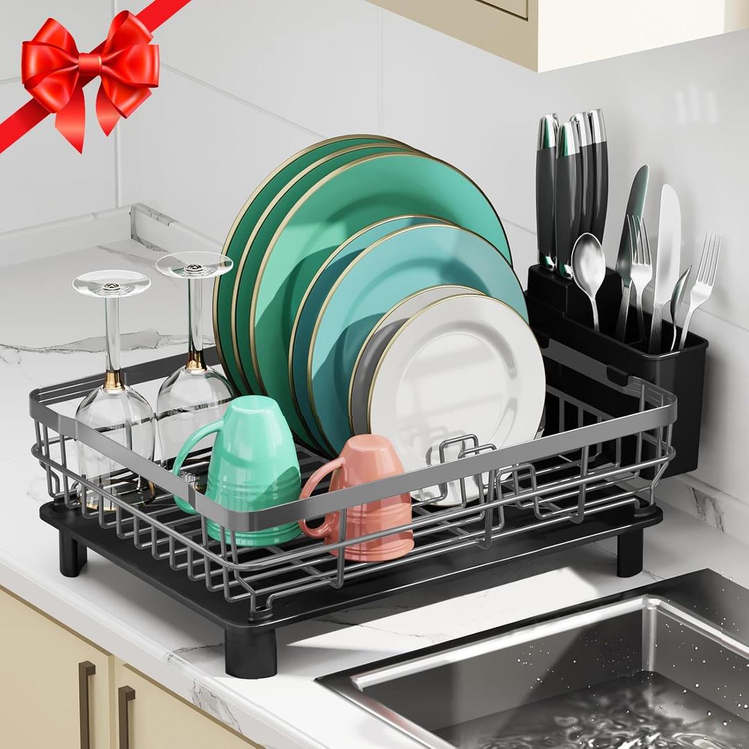 MOUKABAL Dish Drying Rack, Dish Rack, Large Dish Racks for Kitchen Counter, Drying Rack Kitchen with Removable Utensil Holder, Drainboard (Grey/Gray)