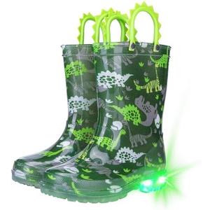 Funspread Toddler Kids Rain Boots - Light Up Boys Rainboots Boots Waterproof Lightweight Outdoor Shoes with Easy-On Handles Green Toddlers Size 6