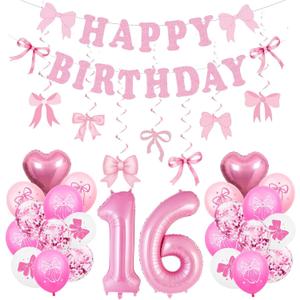 Pink Bow 16th Birthday Decorations for Girls, Sweet Bow Themed Happy Birthday Party Supplies Set Including Happy Birthday Banner, Number 16 Foil Balloons, Sweet Bow Balloons and Hanging Swirls