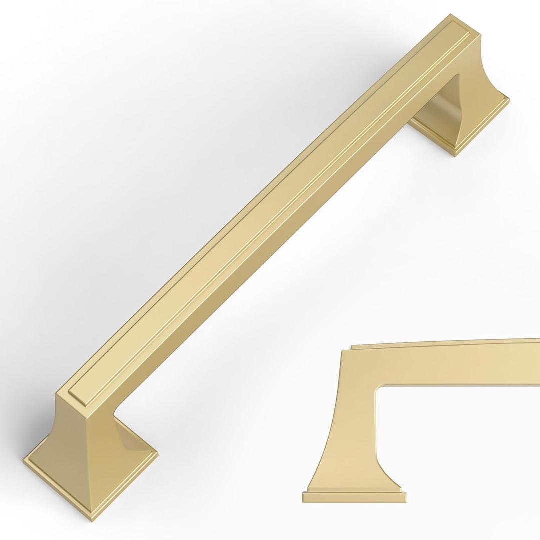 Amerdeco 10 Pack Brushed Gold Cabinet Pulls 5 Inch(128mm) Hole Center Cabinet Hardware Kitchen Cabinet Handles for Bathroom Brass Drawer Pulls Dresser Pulls ZH0010