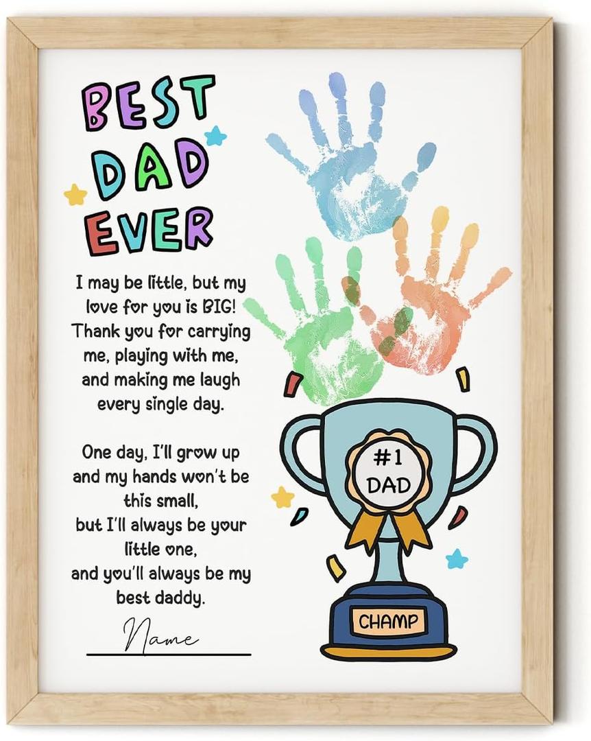 TwoDays Father's Day Handprint Gift from Kids - Best Dad Ever Trophy Art Craft Kit, DIY Keepsake for Dad Grandpa from Daughter Son, Great Present for Father's Day Birthday (12" X 16", Wood Frame)