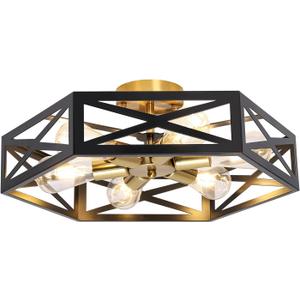 6-Light Semi Flush Mount Ceiling Light, Large Black and Gold Fixtures Ceiling Mount with Hexagon Cage, Metal Industrial Close to Ceiling Light for Hallway, Kitchen, Bedroom (19.68''L)