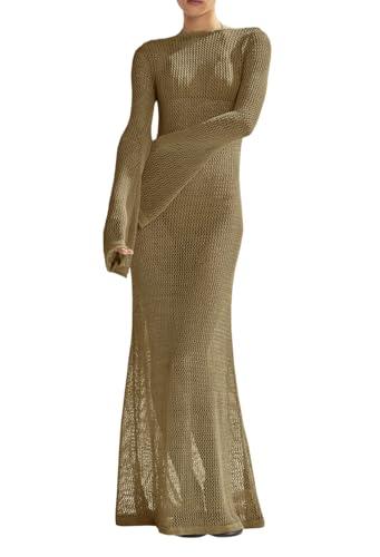 Saodimallsu Womens Crochet Cover Ups Long Sleeve Sexy Mesh Backless Knit Swimsuit Coverup Beach Maxi Dress Khaki Small
