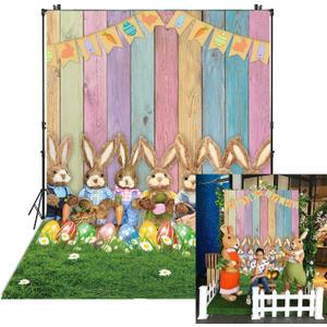 6x8FT Easter Backdrop Colorful Wood Backdrop for Photography Rabbit Eggs Grass Spring Background Banner Easter Party Decoration Kids Birthday Baby Shower Photo Booth Props (6X8FT)