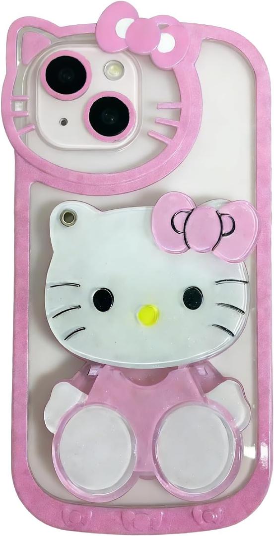 Anime Cat Case for iPhone 15,Phone Holder Stand with Makeup Mirror, Kawaii Phone Cases, Cool Unique Protective Cover for Women (Pink)