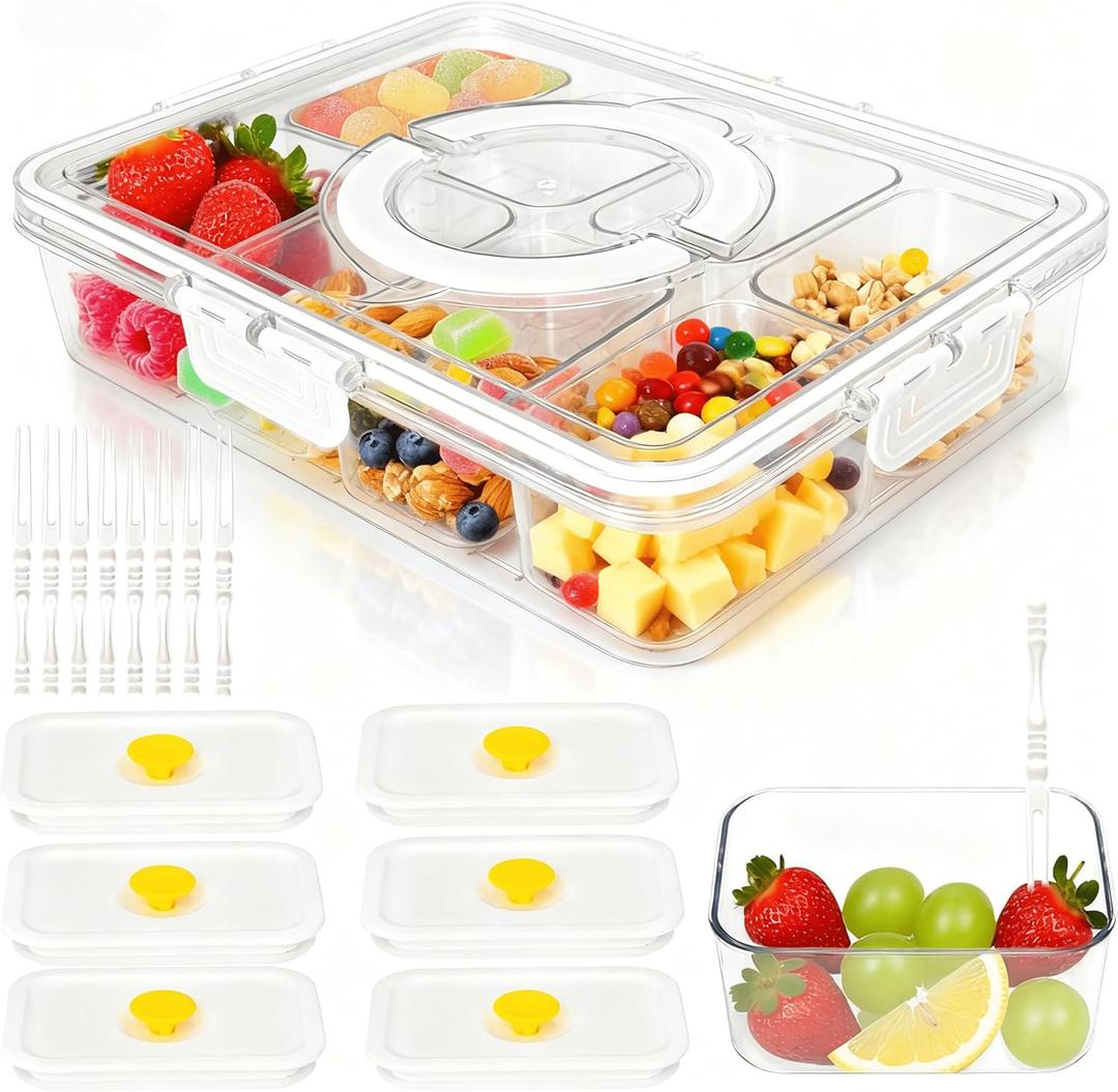 Premium Leak-Proof Snackle Box Container with 8 Clear Compartments & 6 Airtight Lids | Portable Clear Snack Tray with Lid & Handle | Divided Serving Tray for Fruits, Snacks, Sauces, Veggie & More