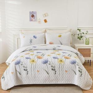Dinjoy Floral Quilt Set King 3 Pieces Blue & Yellow Quilts Coverlet Set Bohemian Summer Bedspread Lightweight Farmhouse Bed Coverlet for Spring All Season, (90"x110")