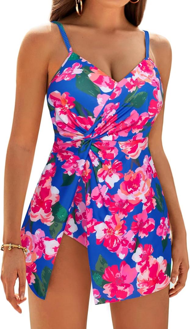 GRACE KARIN Women's One Piece Swim Dress V Neck Tummy Control Swimsuit Vacation Beachwear Bathing Suit (X-Large, Blue&Pink Floral) GRACE KARIN Women's One Piece Swim Dress V Neck Tummy Control Swimsuit Vacation Beachwear Bathing Suit (X-Large, Blue&Pink Floral)