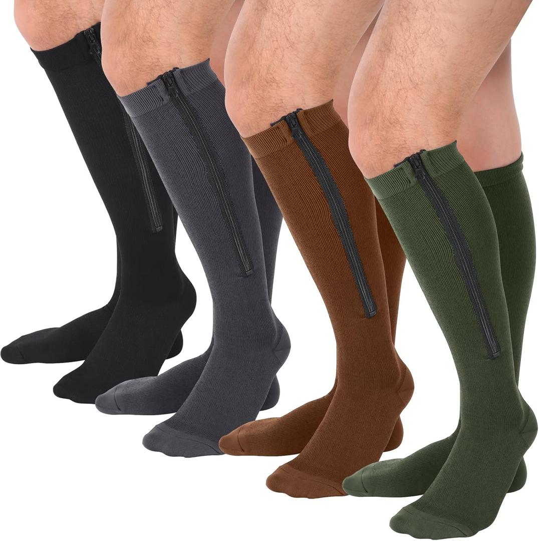 Tarpop 4 Pairs Men Zipper Compression Socks Colorful 20-30mmhg Compression Stockings with Zipper for Men Women Swelling Edema (Large-X-Large)